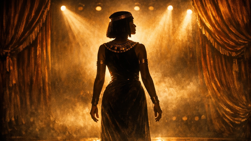A silhouetted Egyptian woman stands on a theatre stage bathed in warm golden light, evoking resilience and the power of voice