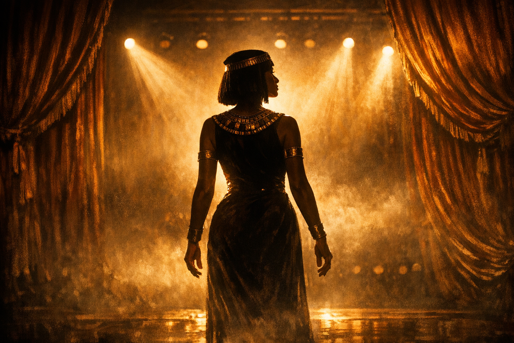 A silhouetted Egyptian woman stands on a theatre stage bathed in warm golden light, evoking resilience and the power of voice