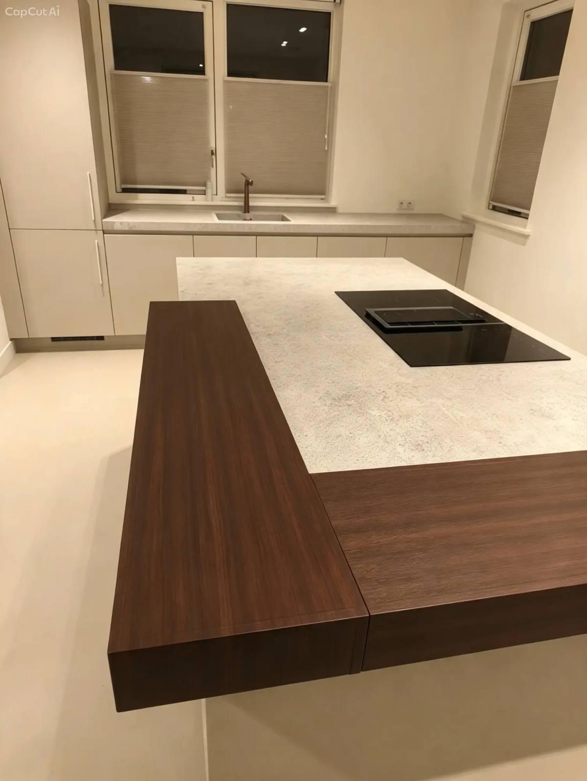 Kookeiland met frontjes in grijs-taupe en een walnoten balk