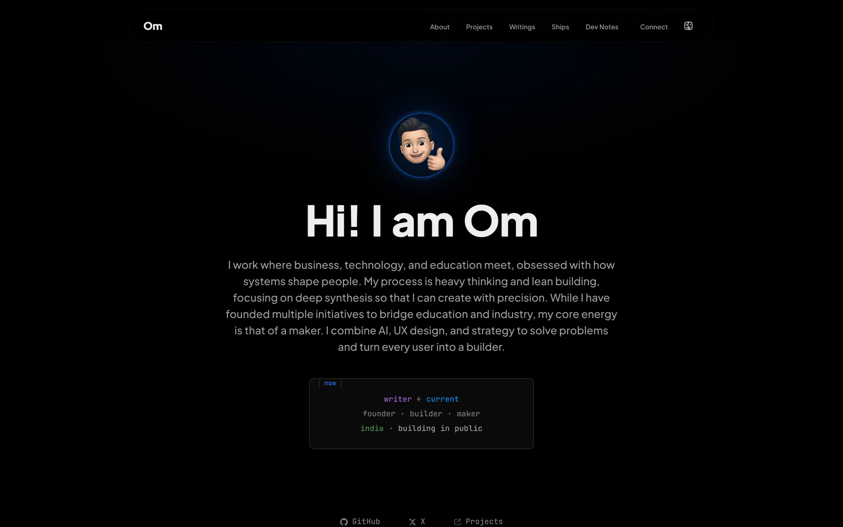The previous homepage: a centred avatar with a glow, the headline Hi! I am Om, a long centred paragraph, and a status card reading writer, current, above three social links.