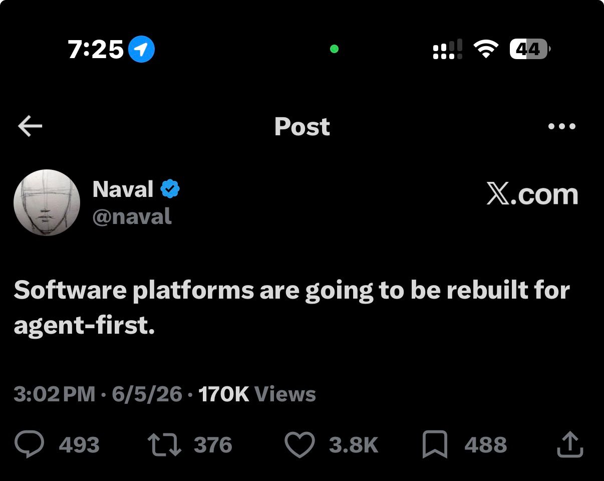 Naval's tweet on software platforms being rebuilt for agent-first
