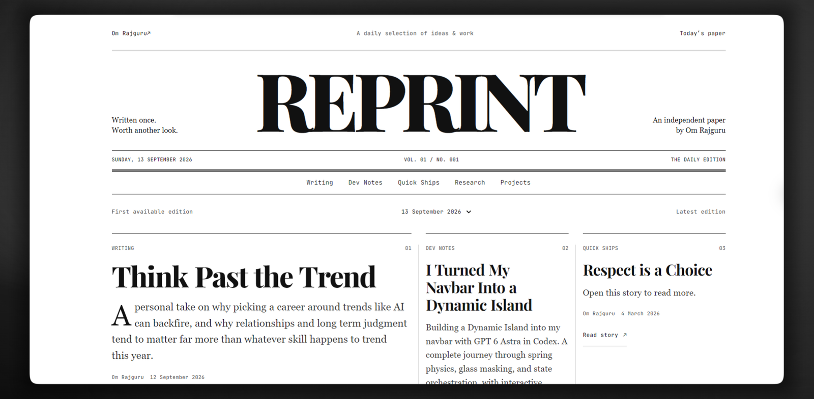 Preview of Reprint, a newspaper-style publication page featuring a bold REPRINT masthead, daily edition details, and a multi-column layout of stories from across my work.