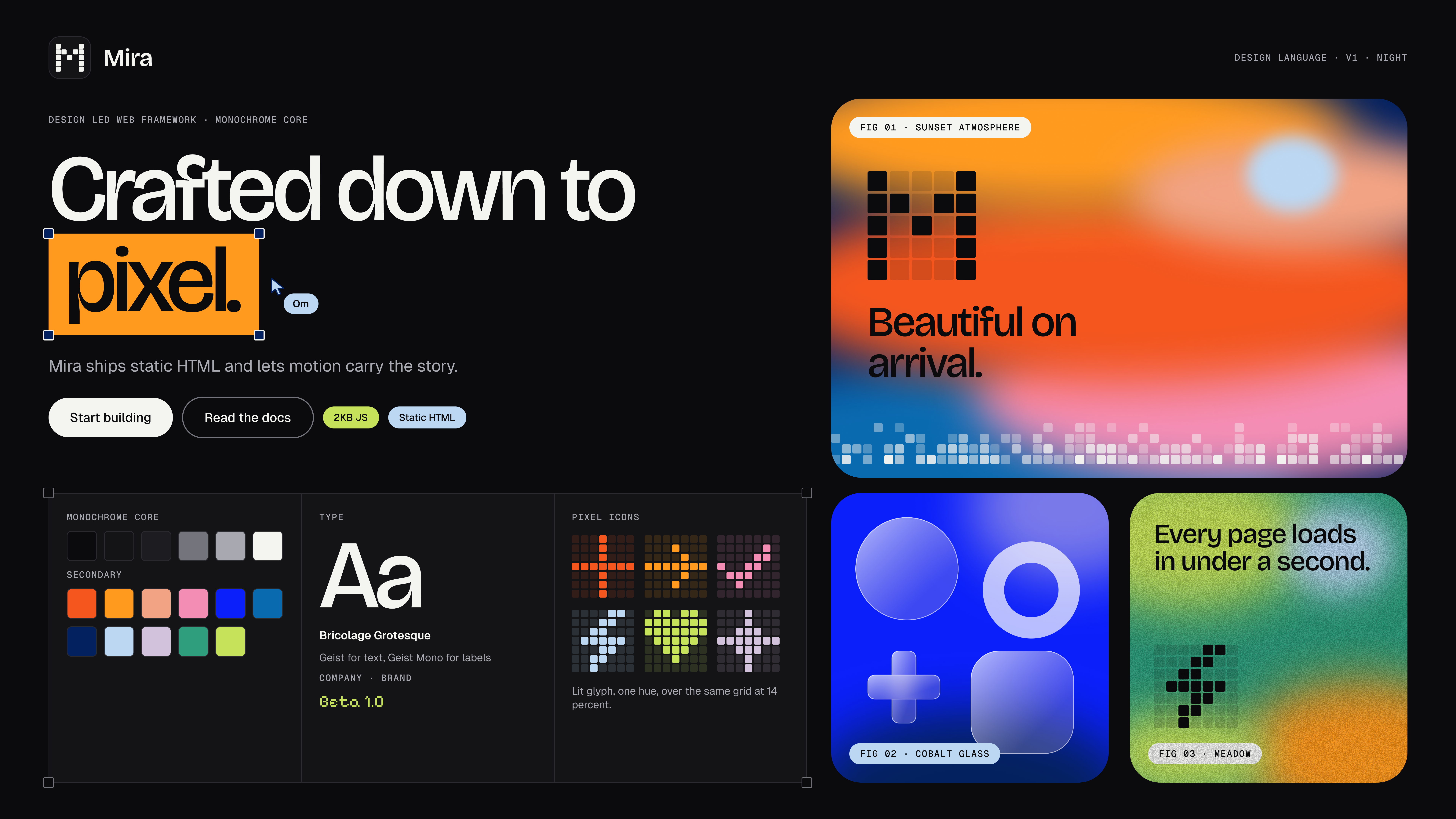 The Mira design language board in its Night theme: the pixel M logo, the headline Crafted down to pixel with the word pixel on an amber block inside selection handles and a cursor tagged Om, two pill buttons, a boxed panel of colour swatches, type, and pixel icons, and three atmosphere tiles named Sunset, Cobalt glass, and Meadow.