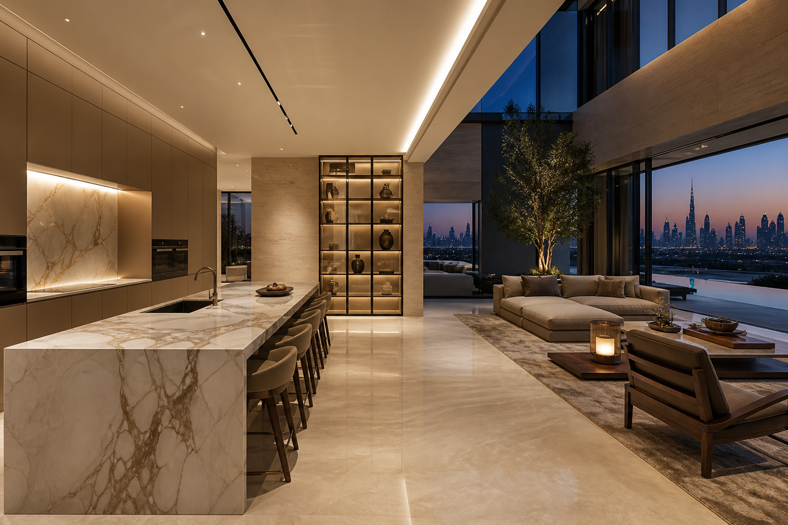 Fadior Dubai 290 sqm Kitchen Villa — living room cabinetry, stone floor, walnut lounge, glazed courtyard