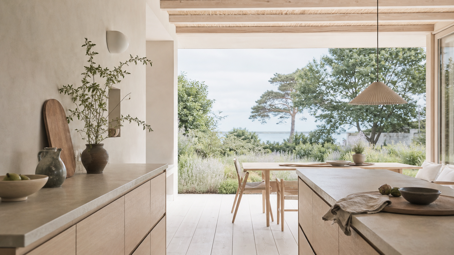 Covered outdoor kitchen terrace with pale finishes and shaded dining area.