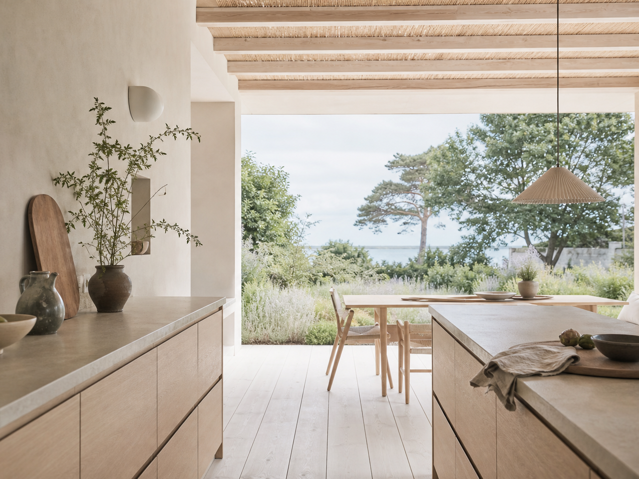 Covered outdoor kitchen terrace with pale finishes and shaded dining area. — 304 stainless steel cabinetry editorial by Fadior