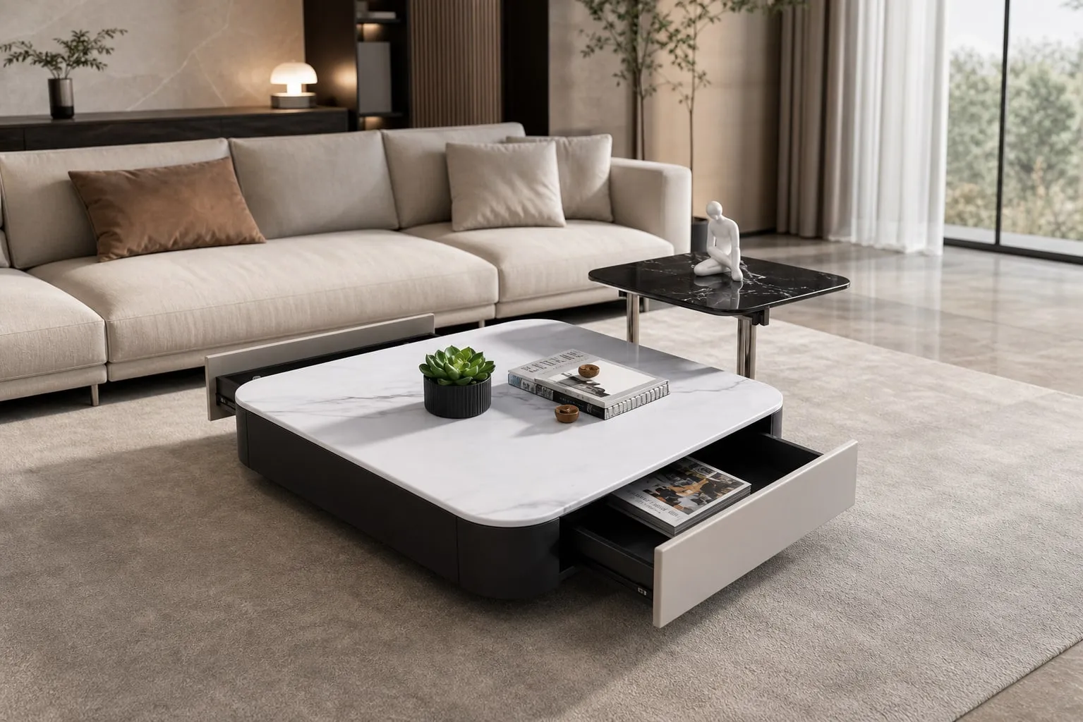 Two-Drawer Sintered Stone Table 45×45×46 cm