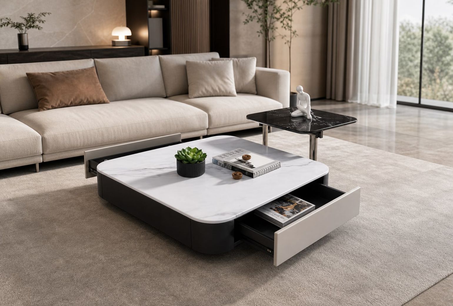 Leather-Accent Coffee Table (Microcrystal stone) styled in a FADIOR HOME interior setting