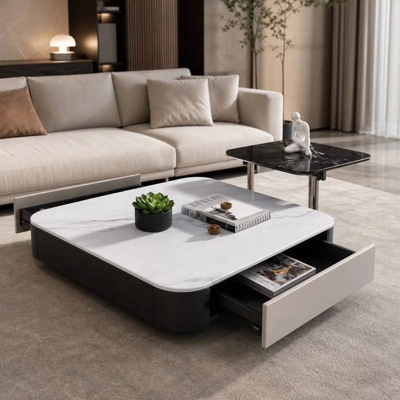 Two-Drawer Sintered Stone Table 80×80×37 cm