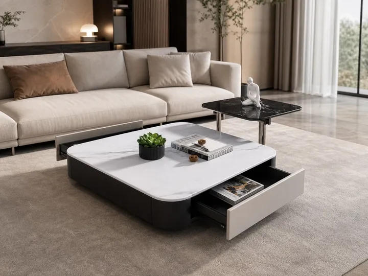 Mesa de piedra sinterizada con dos cajones 80×80×37 cm