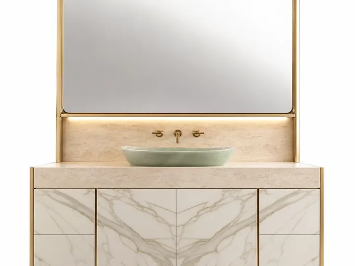 Fadior Voyage Bath and Vanity Suite with Jade Vessel Light Shelf — 304 stainless steel bath and vanity system, front view