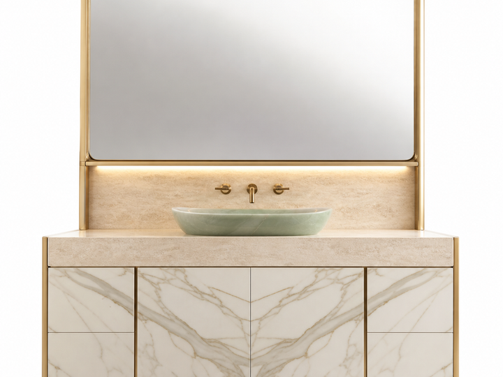 Fadior Voyage Bath and Vanity Suite with Jade Vessel Light Shelf — 304 stainless steel bath and vanity system, front view