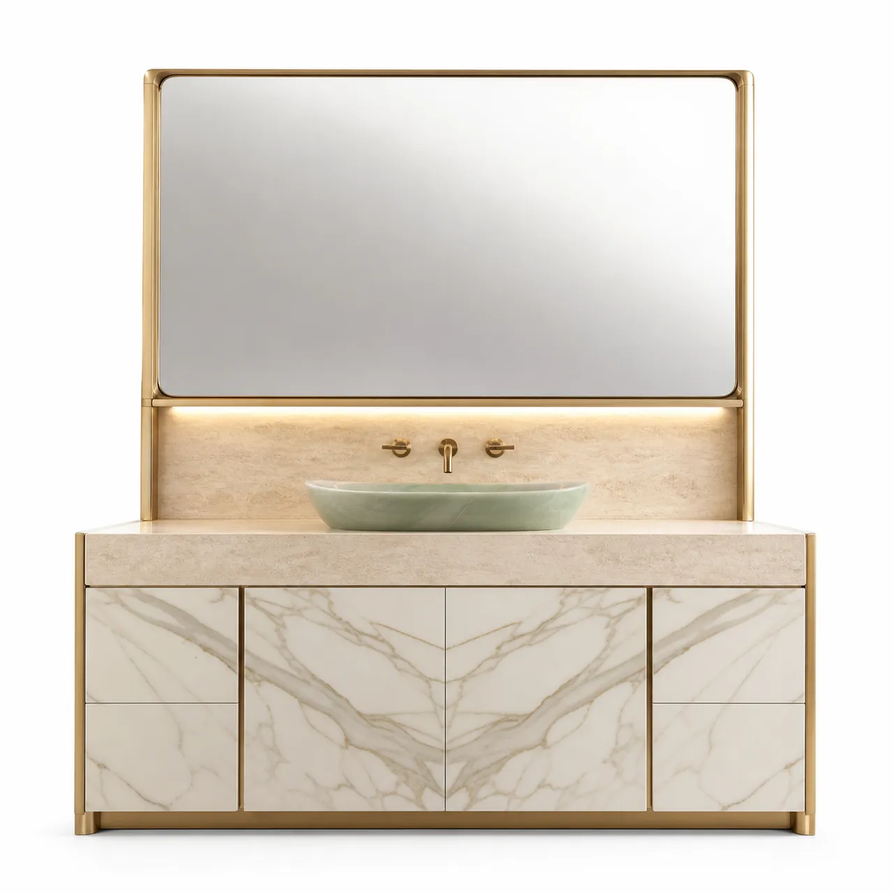 Fadior Voyage Bath and Vanity Suite with Jade Vessel Light Shelf — 304 stainless steel bath and vanity system, front view