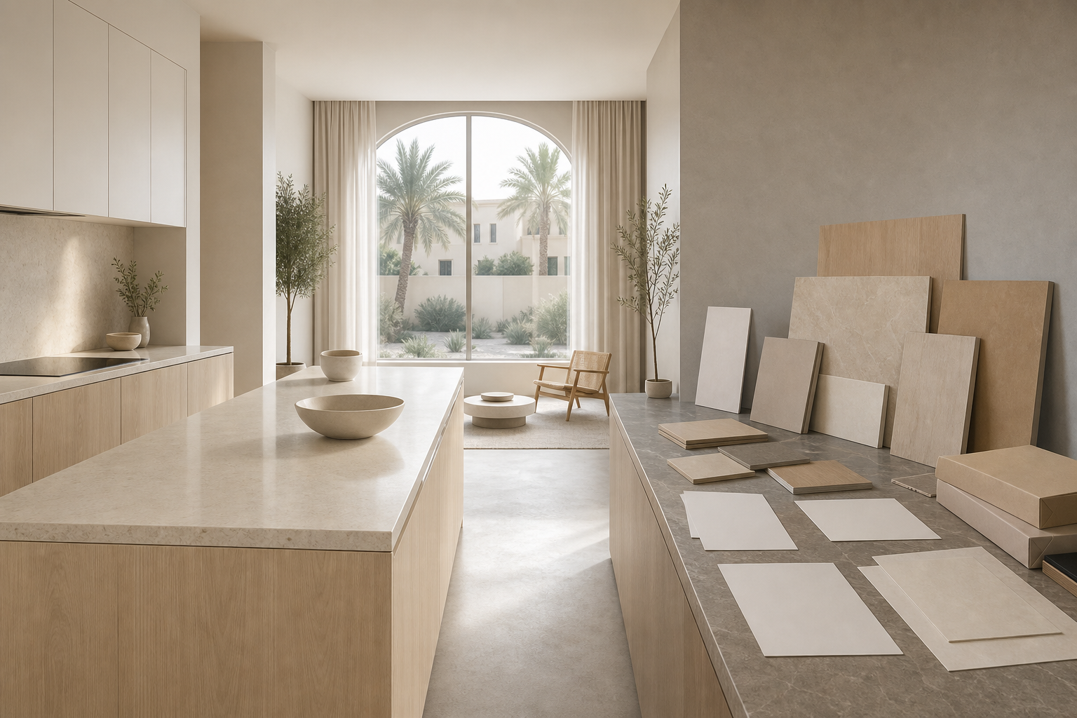 Kitchen decision comparison scene with pale counters, blond ash panels, and blank sample boards in soft light.