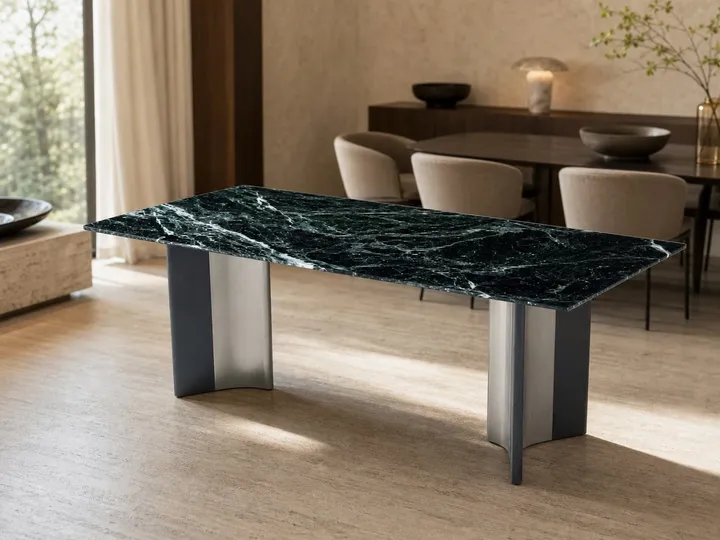 Mesa de comedor de mármol con base cruciforme abocinada 140×80 cm
