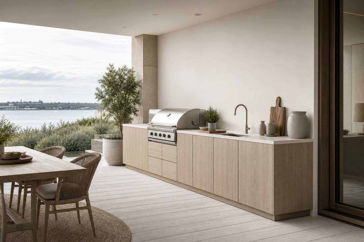 Fadior Horizon Outdoor Kitchen Suite with Whitewashed Grill Terrace — lifestyle setting with natural light and residential