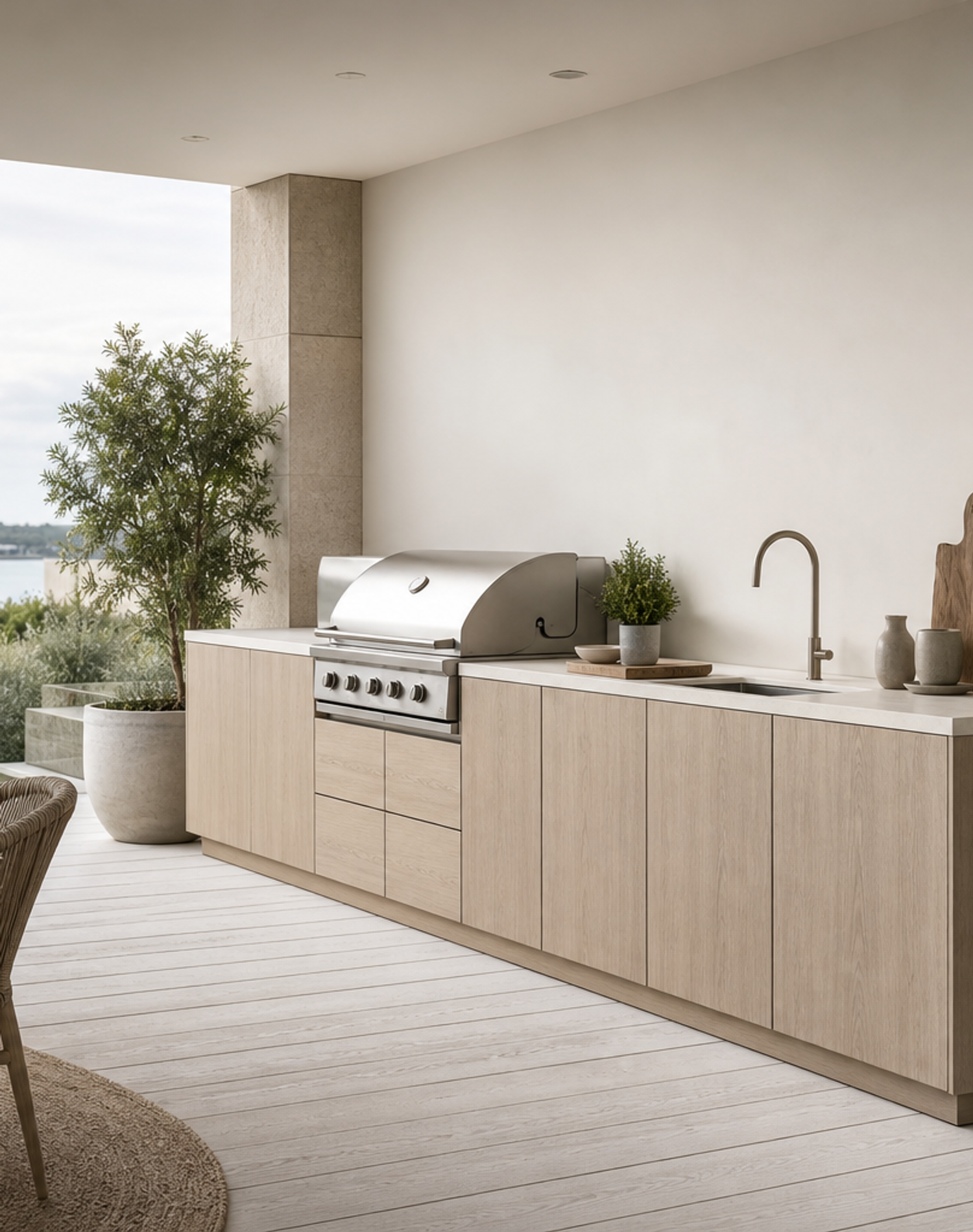 Fadior Horizon Outdoor Kitchen Suite with Whitewashed Grill Terrace — lifestyle setting with natural light and residential