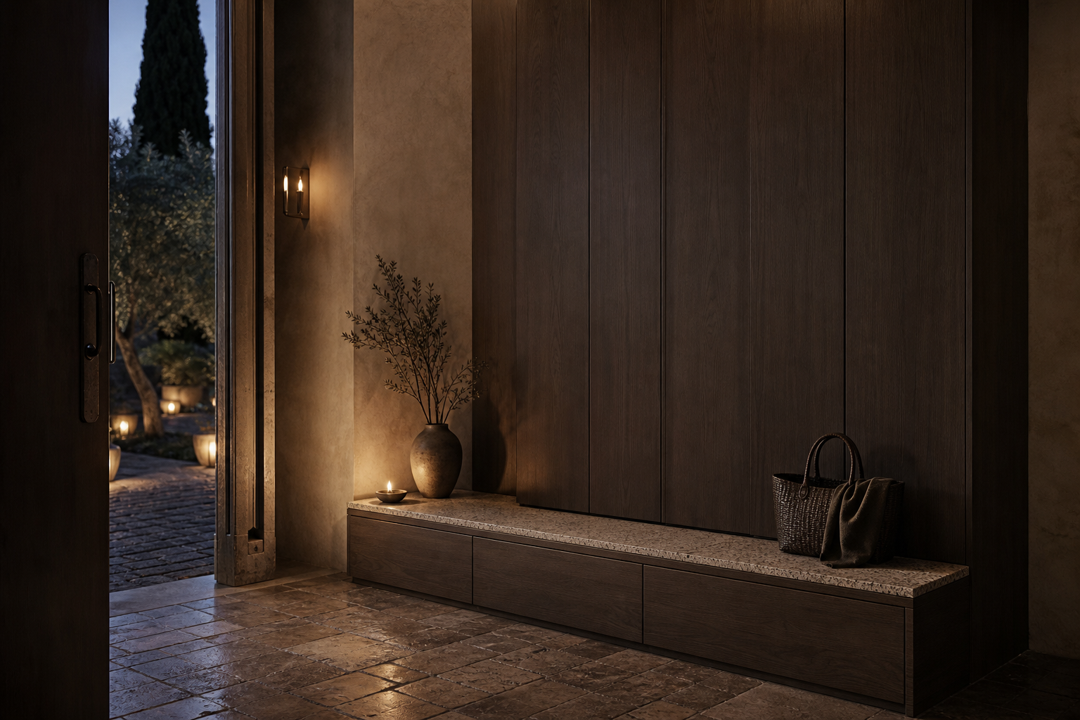 Fadior Ecliptic Terrazzo Bench Pivot Locker — lifestyle setting with natural light and residential styling