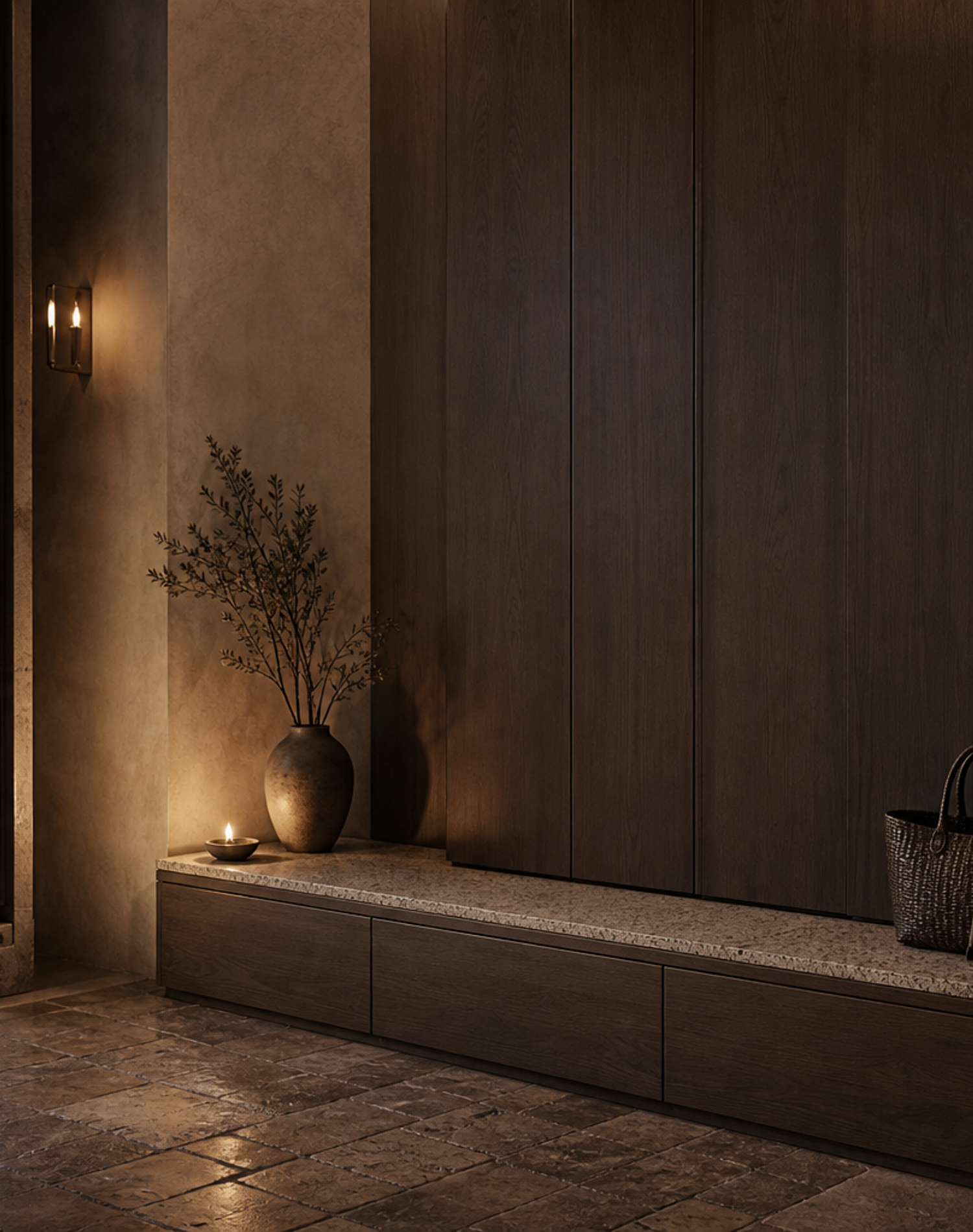 Fadior Ecliptic Terrazzo Bench Pivot Locker — lifestyle setting with natural light and residential styling