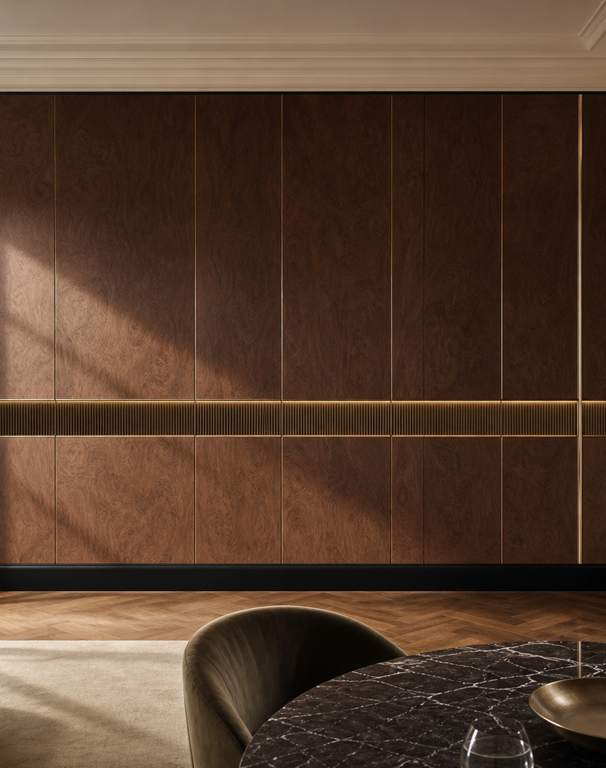 Fadior Miroir Wall Panel Suite with Cove Acoustic Ribbon — interior room context showing cabinet integration