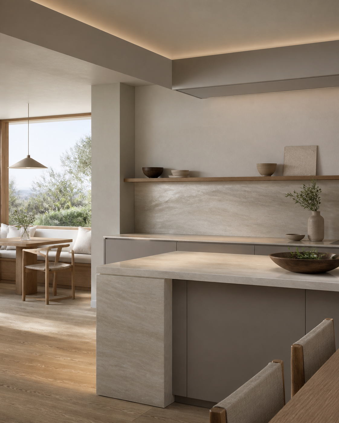 Warm-grey cabinetry, limestone and oak kitchen surfaces in a quiet morning ventilation plan