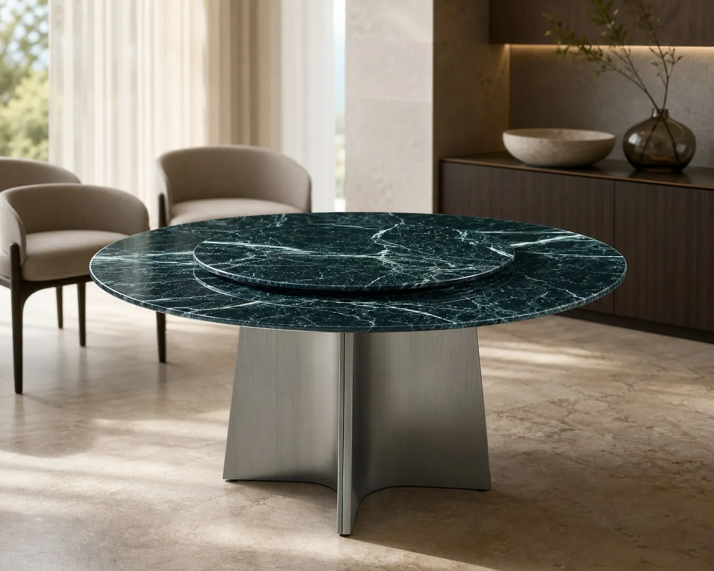 Faceted-Pedestal Marble Dining Table Ø150+Ø90 cm