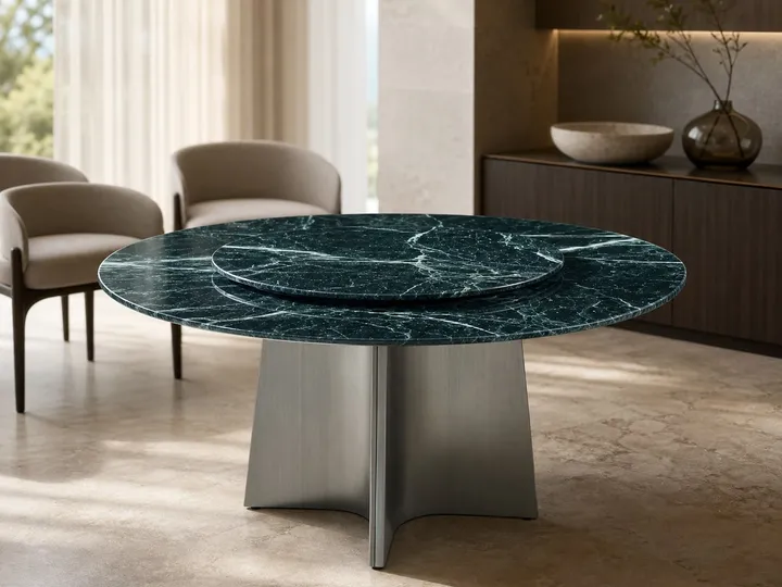 Mesa de comedor de mármol con pedestal facetado Ø135+Ø90 cm