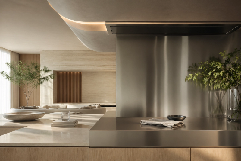 Material mood study: brushed 304 stainless steel, pale stone, warm oak, and soft daylight around a quiet ventilation-led kitchen.