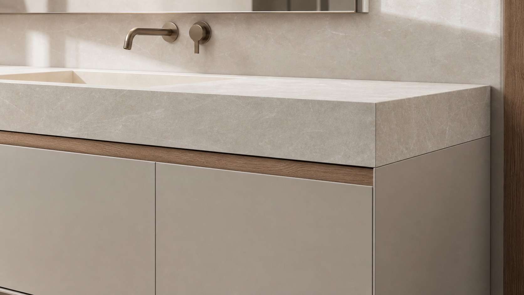 Suite de Baño y Tocador Verve con Atelier de Lavabo Quartz Veil acabado y detalle