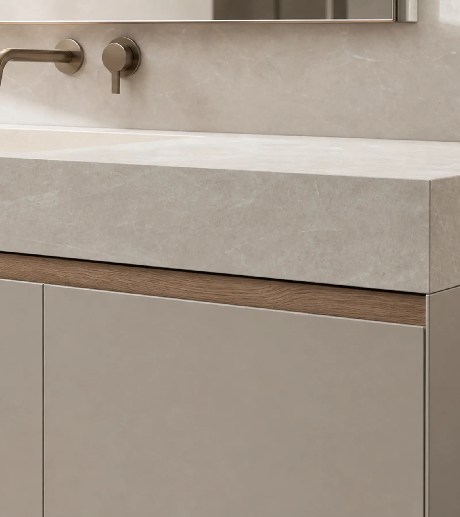 Fadior Verve Bath and Vanity Suite with Quartz Veil Wash Atelier — close-up of stainless steel finish and hardware detail