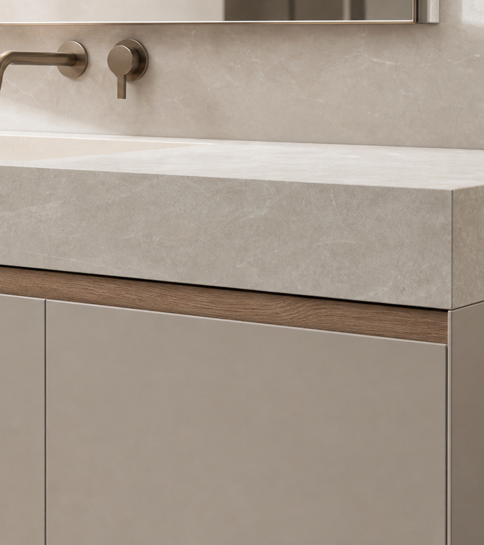 Suite de Baño y Tocador Verve con Atelier de Lavabo Quartz Veil acabado y detalle