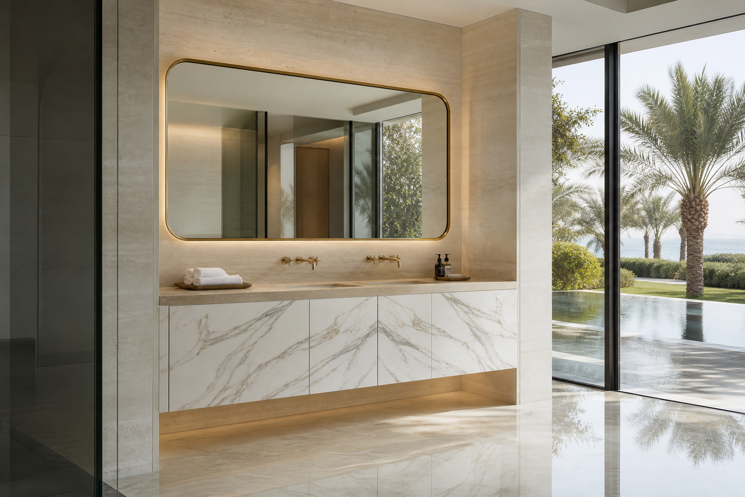 Fadior Voyage Bath Calacatta Basin Gallery — lifestyle setting with natural light and residential styling