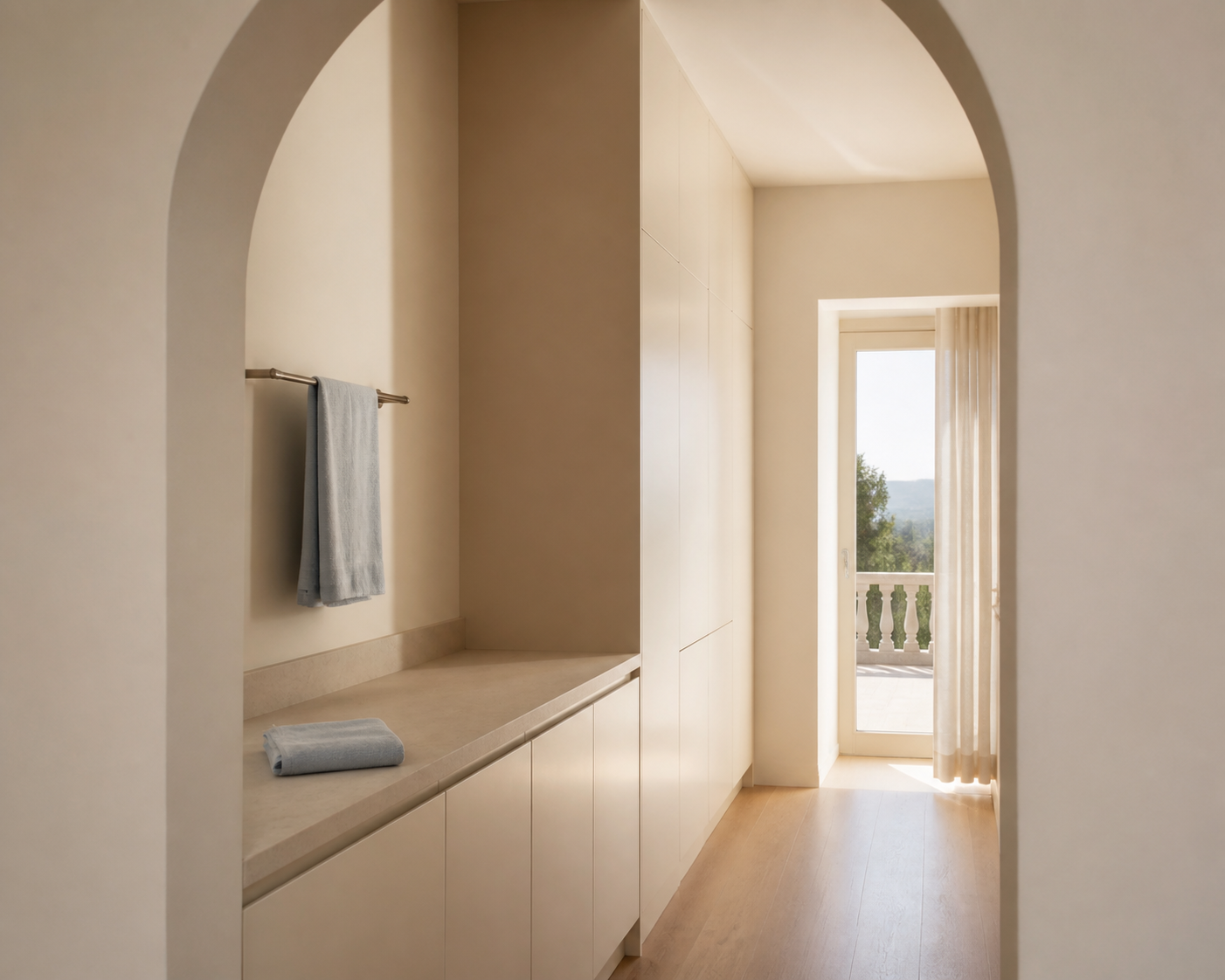 Fadior Wellington 420 sqm Kitchen Villa — Wellington villa scullery, cabinet wall, stone counter, timber floor, terrace door