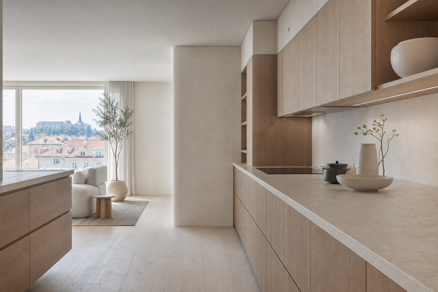 Fadior Brno 110 sqm Kitchen Penthouse - cabinet face, counter edge, plaster wall, city window
