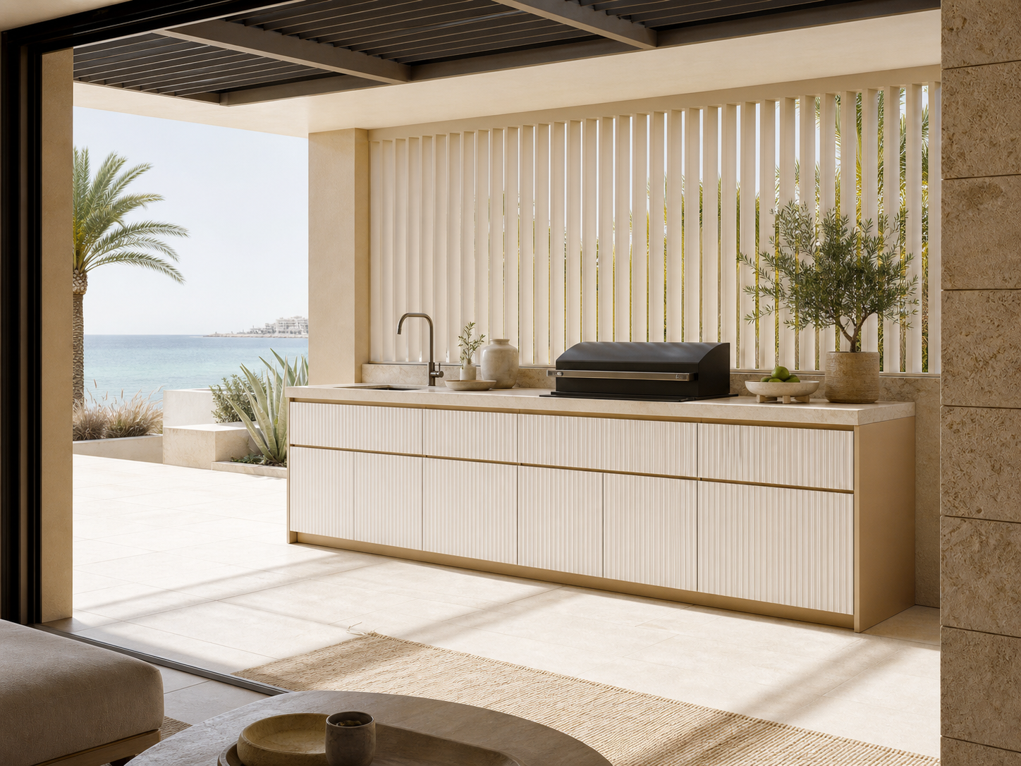 Fadior Horizon Outdoor Kitchen Suite with Coastal Panel Screen Prep Wall — interior room context showing cabinet integration