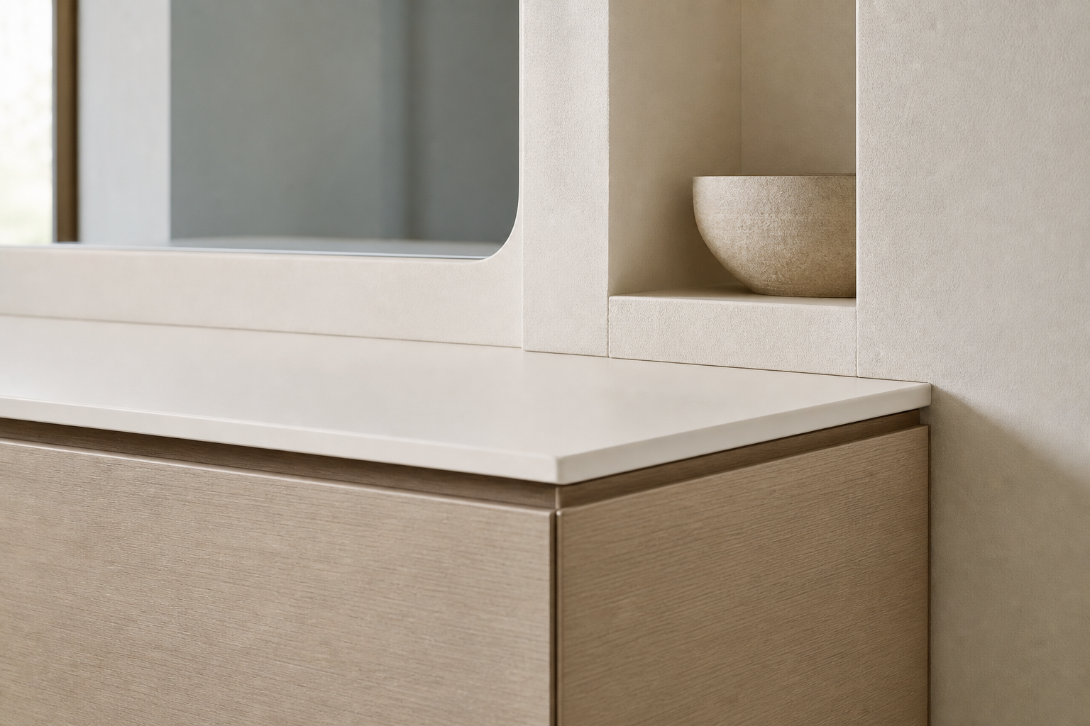 Fadior Nacre Bath and Vanity Suite with Soft Plaster Powder Niche — close-up of stainless steel finish and hardware detail