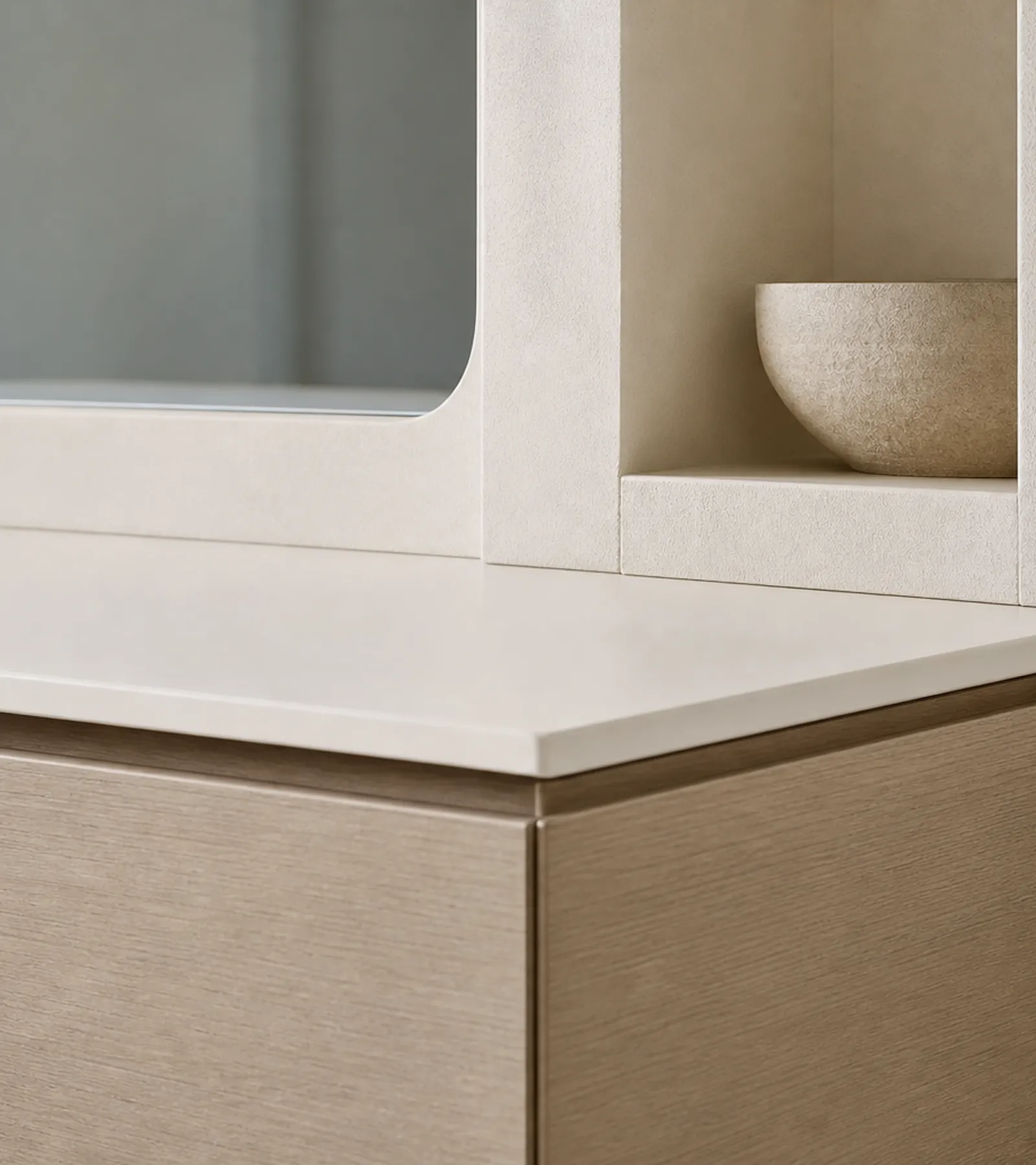 Fadior Nacre Bath and Vanity Suite with Soft Plaster Powder Niche — close-up of stainless steel finish and hardware detail