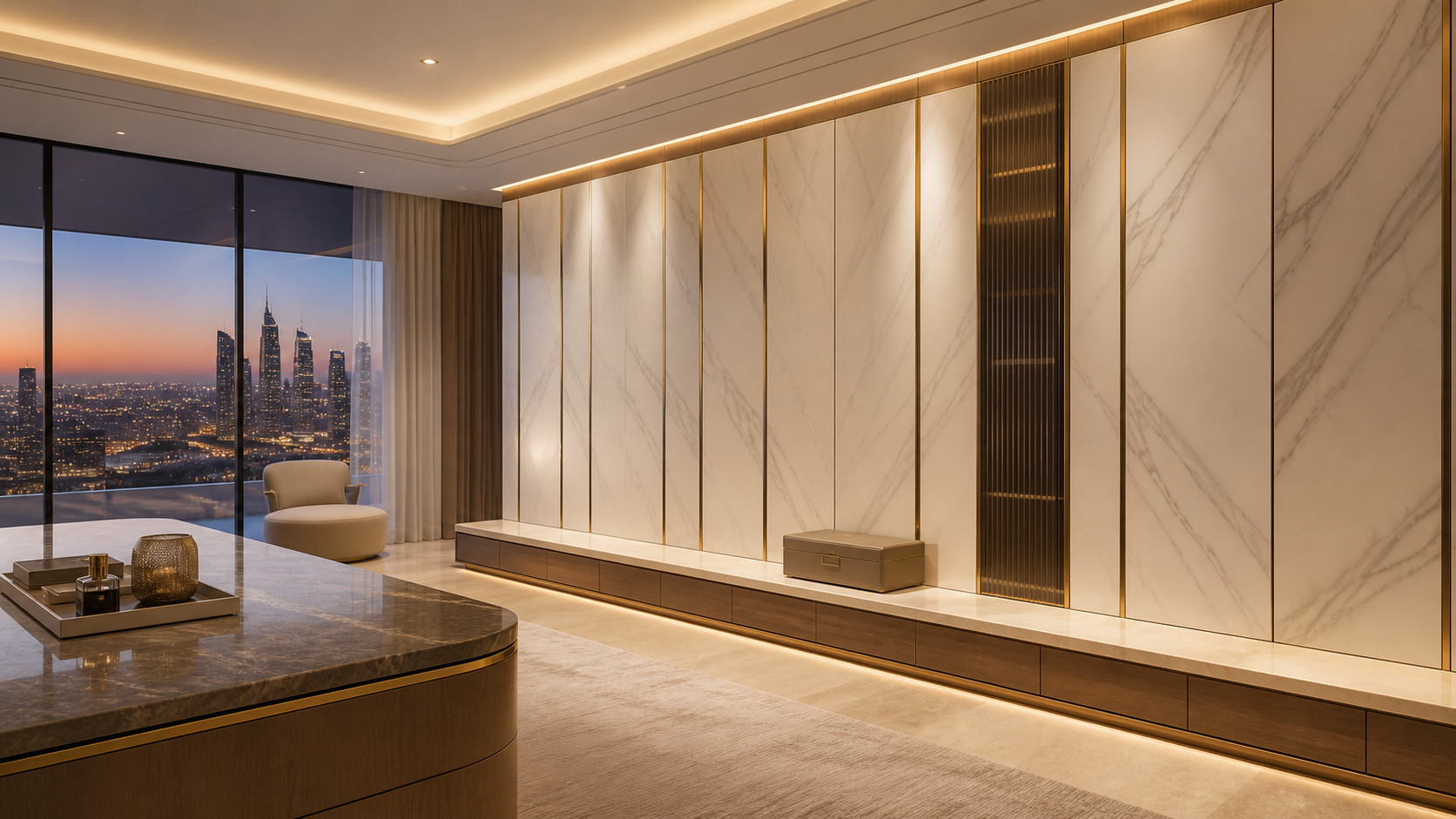 Fadior Voyage Wardrobe Suite with Tambour Trunk Dock Wall — lifestyle setting with natural light and residential styling