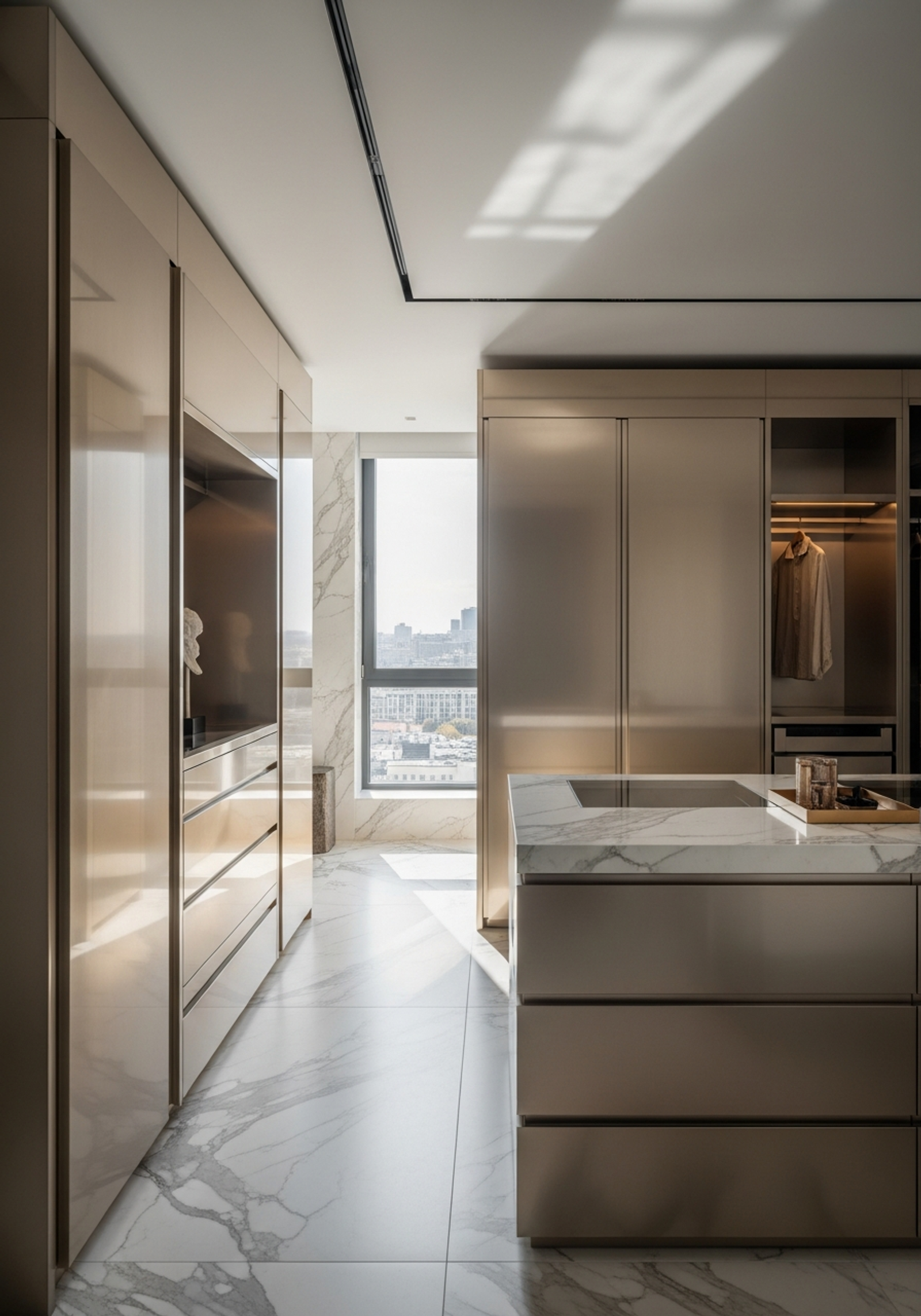 Walnut wardrobe with glass-front doors and integrated lighting