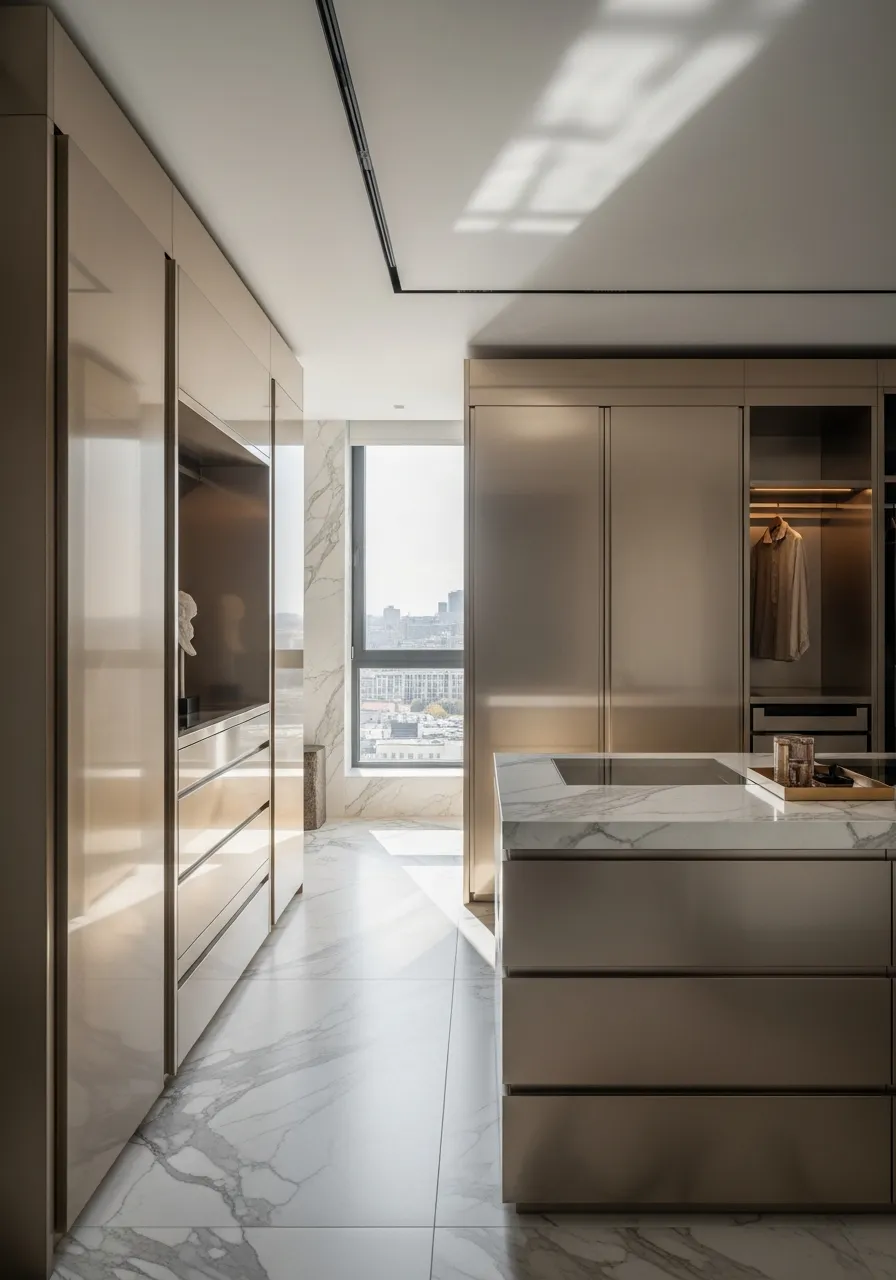 Walnut wardrobe with glass-front doors and integrated lighting