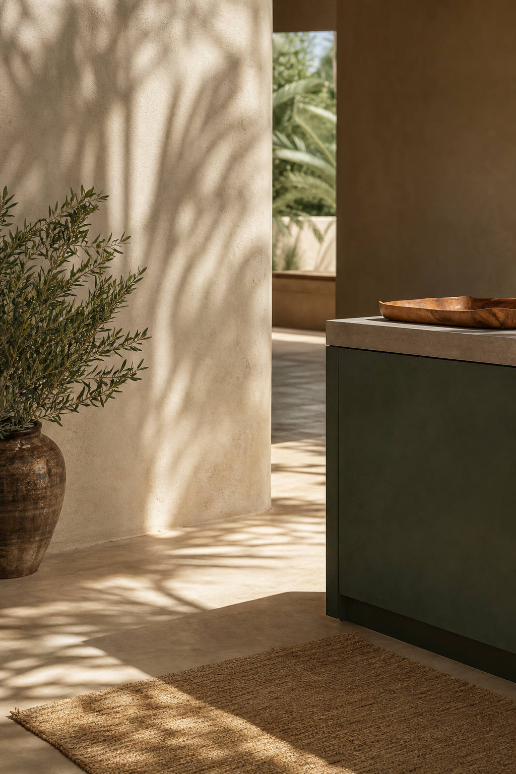Kitchen material study with pale clay walls, deep olive fronts, and warm shadows for durable design decisions.