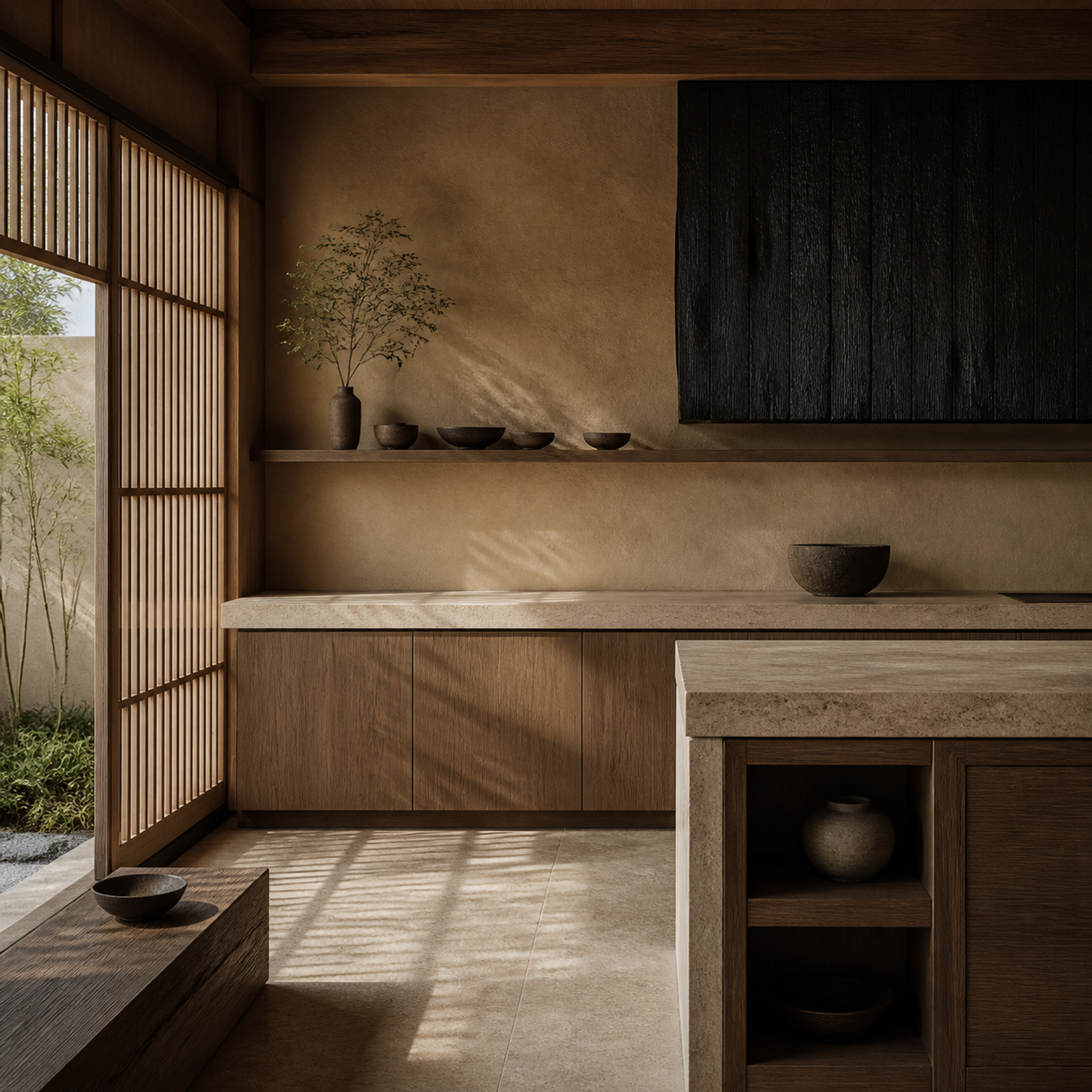 Material mood scene with cypress, clay plaster, travertine, and calm cabinet planes.