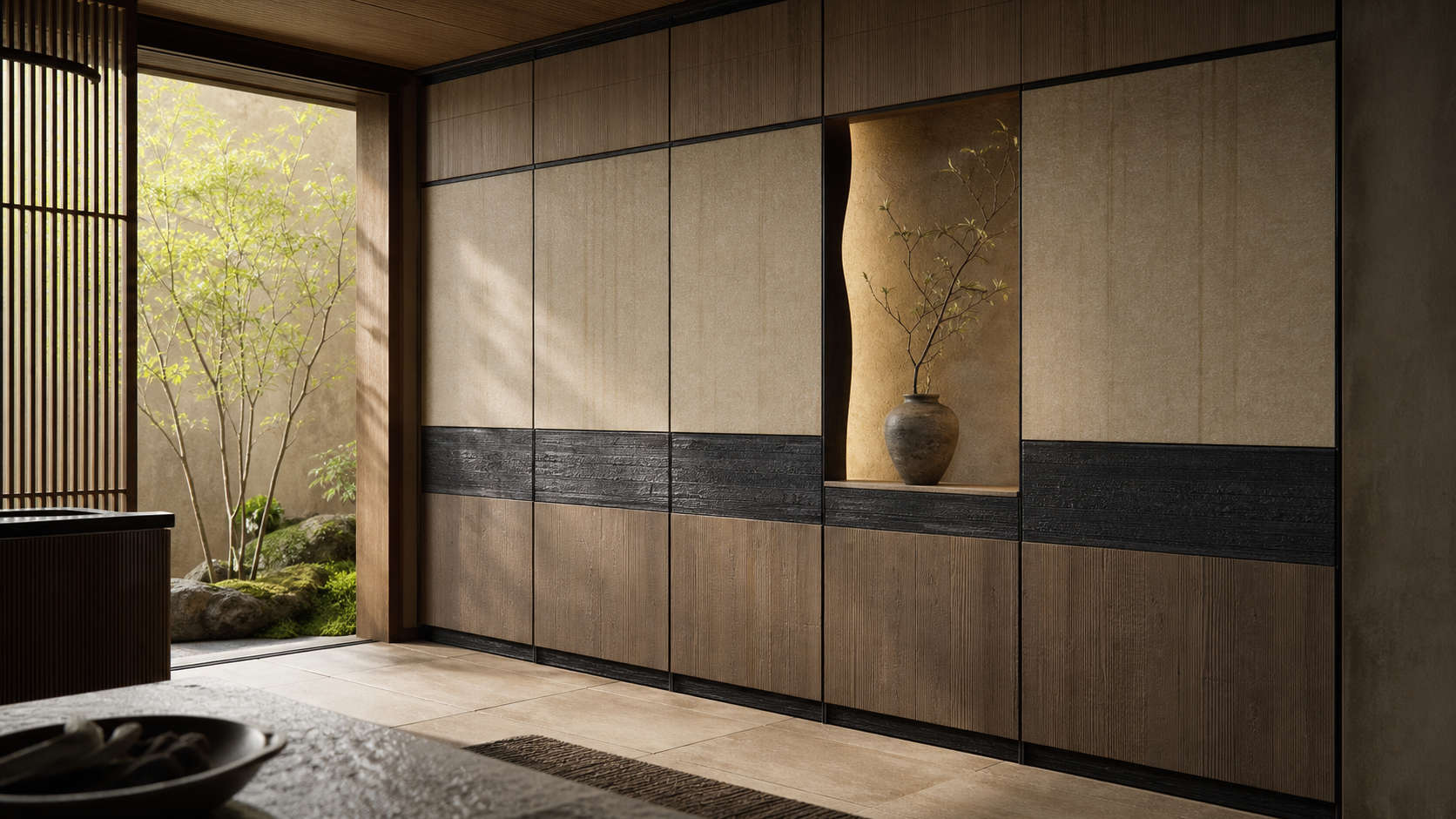 Fadior Terrazzo Wall Panel Suite with Backlit Sculptural Niche — lifestyle setting with natural light and residential styling