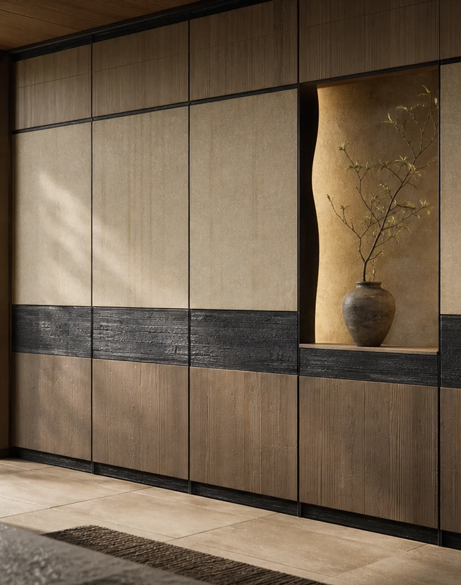 Suite de Paneles de Pared Terrazzo con Nicho Escultórico Retroiluminado estudio de adaptación