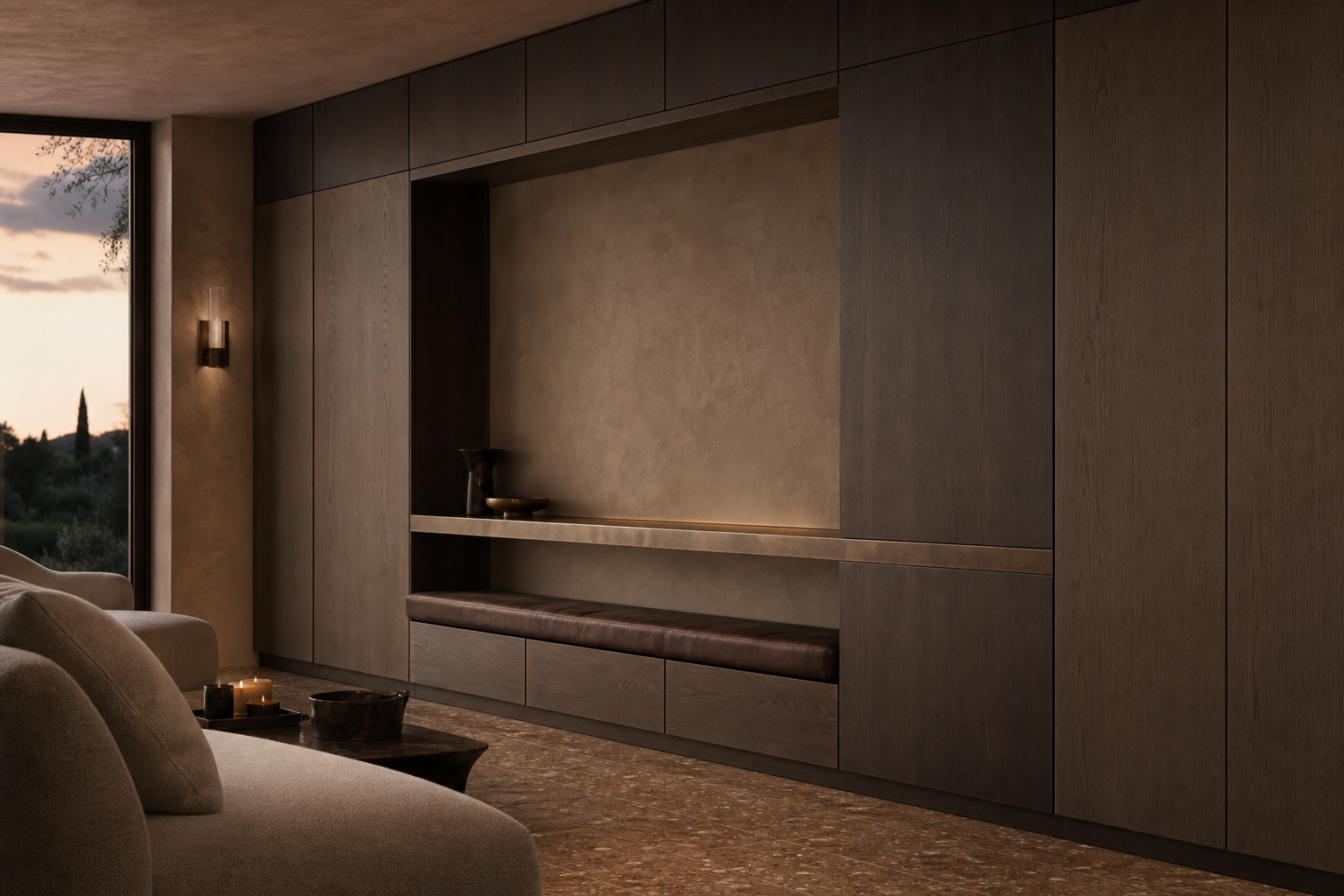 Fadior Patina Living Room Suite with Bronze Datum Media Alcove — interior room context showing cabinet integration