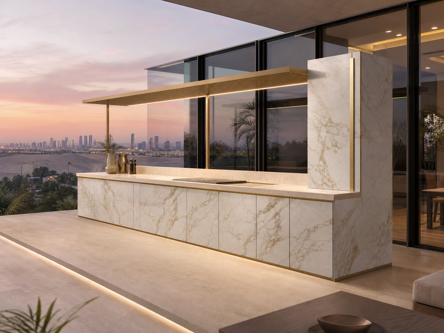 Fadior Horizon Outdoor Kitchen Suite with Brise Soleil Plancha Ledge — interior room context showing cabinet integration