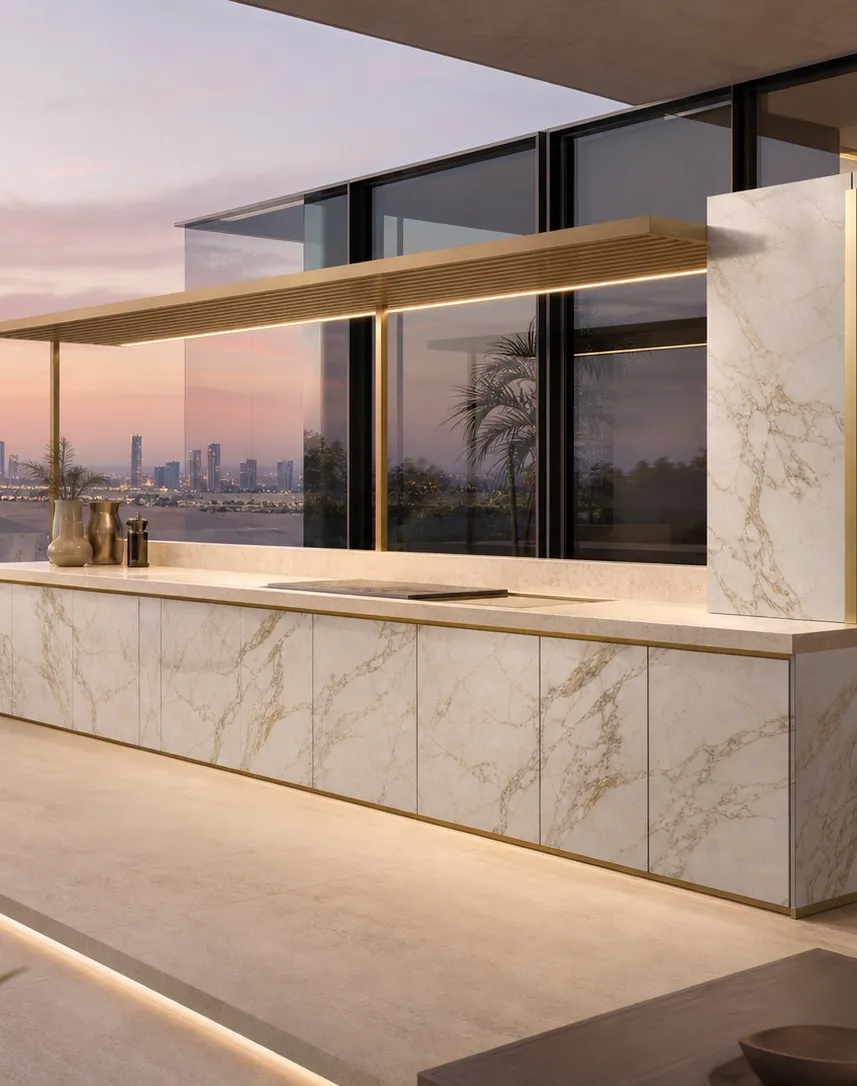 Fadior Horizon Outdoor Kitchen Suite with Brise Soleil Plancha Ledge — interior room context showing cabinet integration