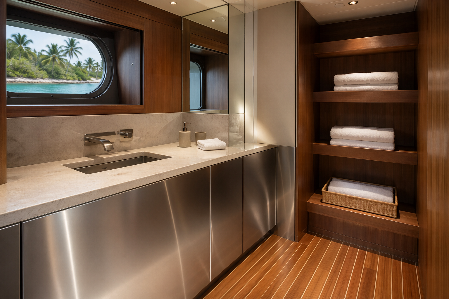 Fadior Caribbean Explorer Yacht — vanity counter, mirror, shower wall, brushed steel storage
