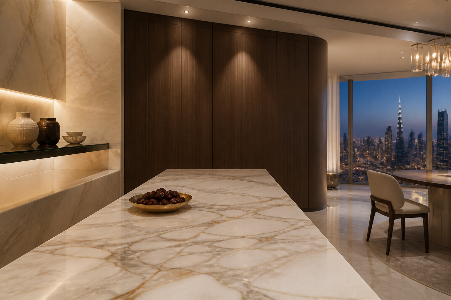 Fadior Dubai Penthouse Water Ritual Kitchen — Long marble counter, curved walnut wall, limestone niche, ceramic shelf,