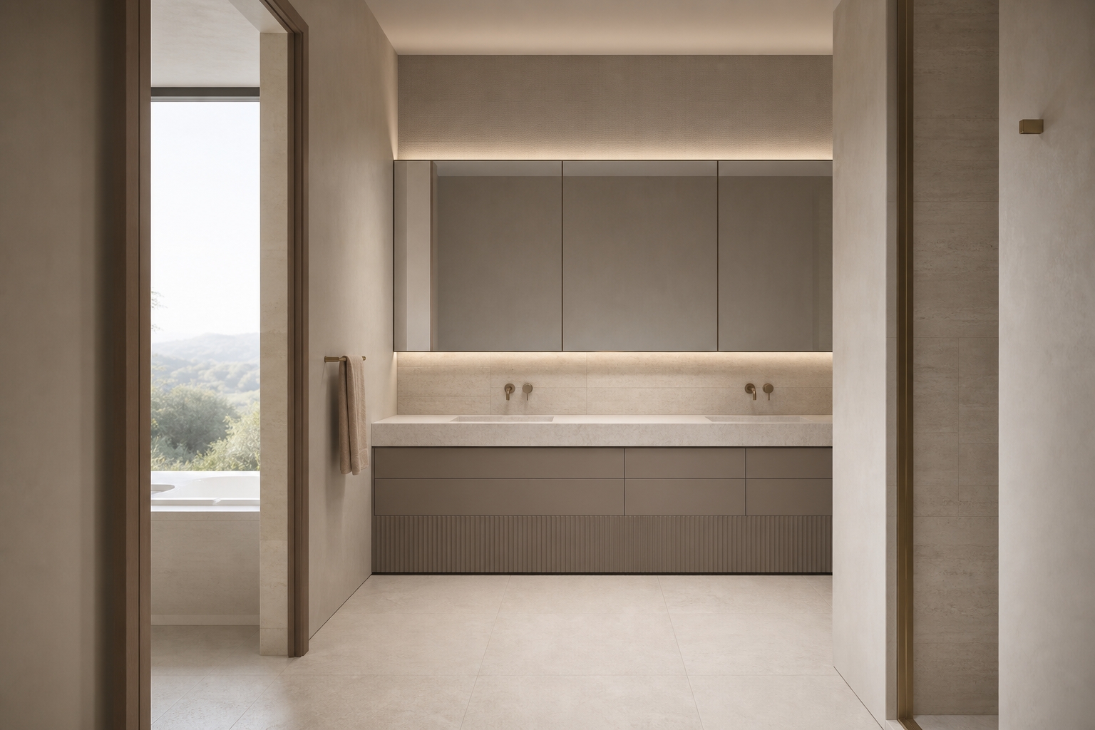 Fadior Alcove Bathroom Suite with Ribbed Clay Plinth — interior room context showing cabinet integration